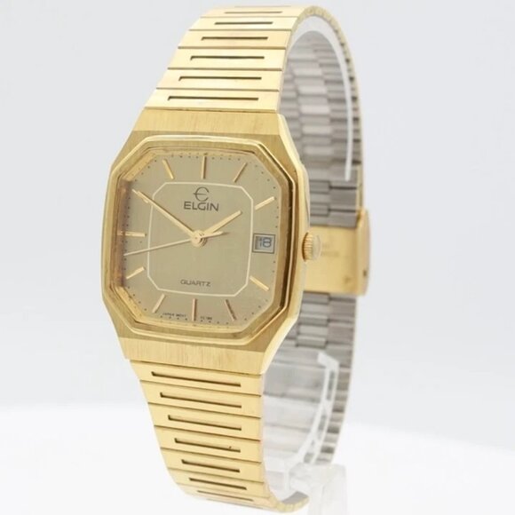 Vintage Elgin FC 180 Octagonal Date Ladies Quartz Wristwatch Japan Gold Tone - Picture 1 of 5